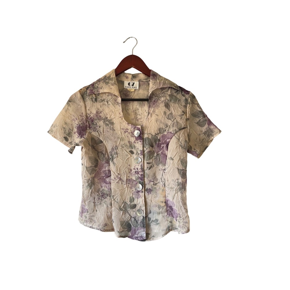 Vintage Floral Crinkle Blouse Purple Cream Sheer Button Up Small